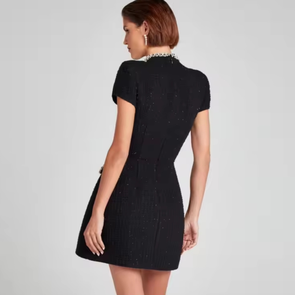 Fashion Solid Mock Neck Mini Dress Female Elegant Commuting Tweed Short Sleeve - Picture 5 of 7